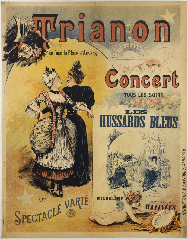 Ein Konzertplakat, das eine Frau in einem langen, wallenden Kleid mit einem hohen Kragen und langen Ärmeln und einen Mann in einem Anzug zeigt, der hinter ihr steht und die Arme verschränkt, beide mit ernsten Gesichtern.