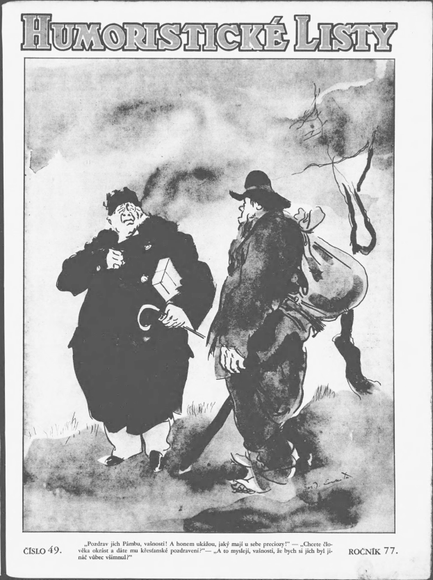 Schwarzer und weißer Cartoon von zwei Männern, die nebeneinander stehen, einer hält ein Objekt, mit "Humoristischer Listen"-Text oben und unten.