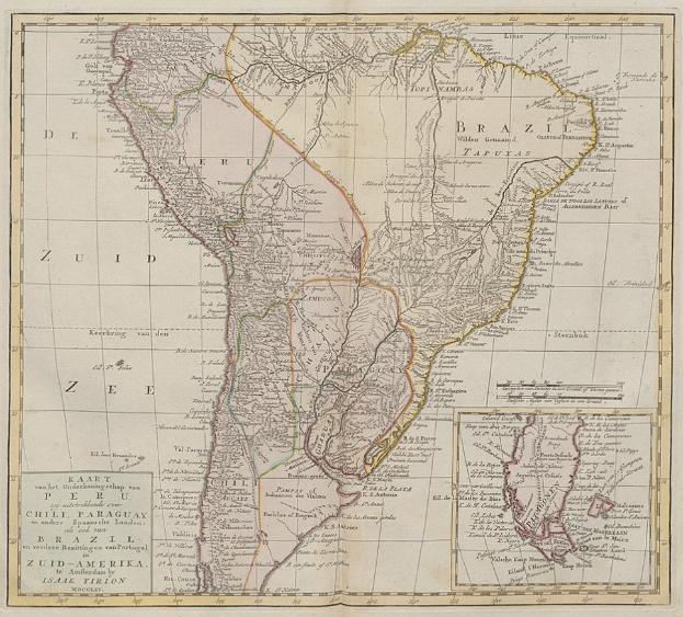 Eine Karte von Südamerika, die Brasilien und Paraguay hervorhebt, mit begleitendem Text auf dem Papier.