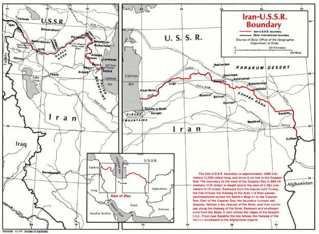 Detailierte Karte der iranisch-sowjetischen Grenze mit geographischen Merkmalen und Landesgrenzen mit begleitendem Text.