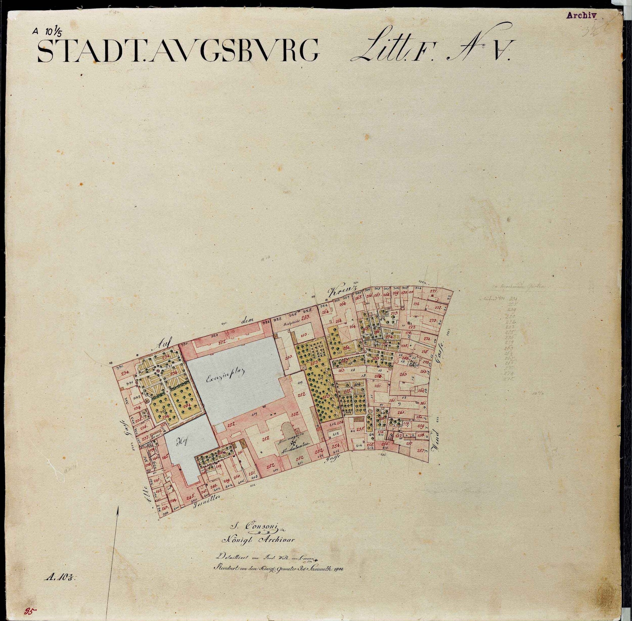 Detailed old map of Stadtavgsbvrg showing streets, buildings, and landmarks with descriptive text.