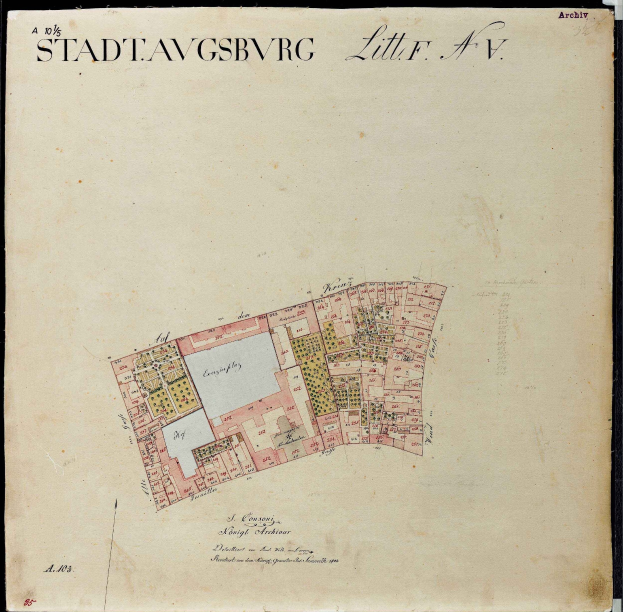 Detailed old map of Stadtavgsbvrg showing streets, buildings, and landmarks with descriptive text.