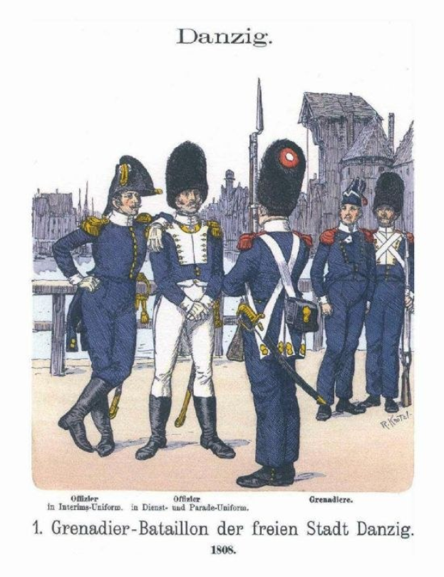 Uniformed men in formation, one holding a rifle, with buildings in the background and text reading "Grenadier-Batailon der Freien Stadt Danzig 1808" at the bottom.