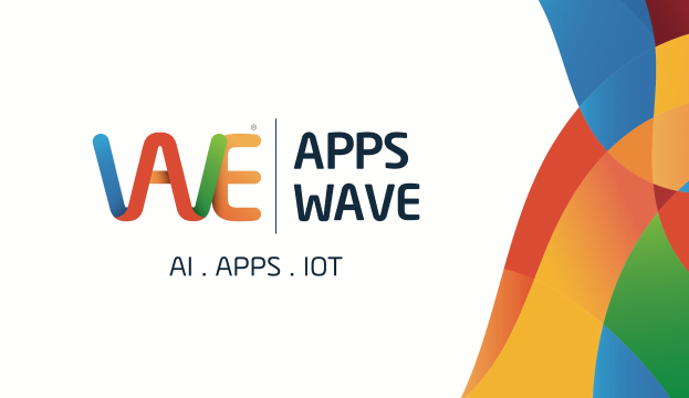 Bunte Gestaltung mit dem Text "AI, Apps, IoT" auf einem weißen Hintergrund.