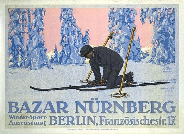 Plakat zum Bazar Nürnberg Winter Sport in Berlin, Deutschland, mit einer Person beim Skifahren im Hintergrund und Text über das Ereignis.