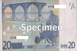 Ein 20 Euro-Banknote mit dem Wort "Specimen" darauf gedruckt.