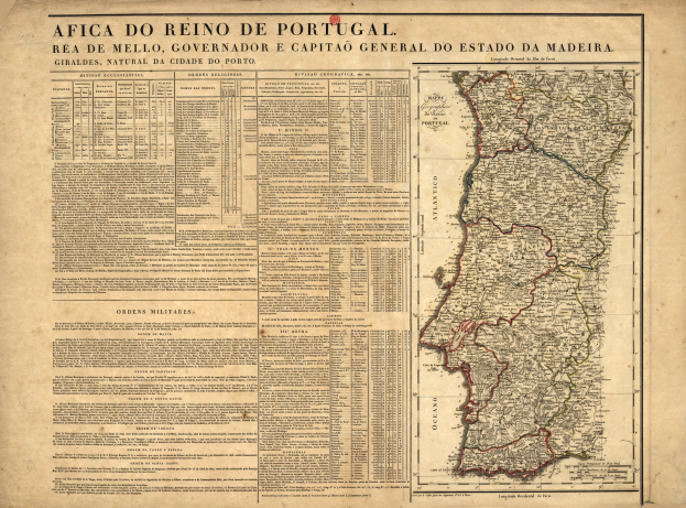 Alte Karte Portugals mit hervorgehobenen Provinzen und Text auf dem Papier.