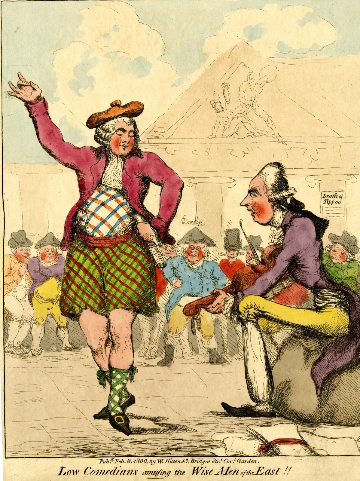 Cartoon of a man in a kilt and a woman in a dress standing in front of a crowd, with a building and clouds in the background, and text at the bottom reading "Low Comedians Amusing the Wise Men of the East".