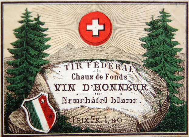 Plakat mit einem Schweizer Flagge, Schild, Bäumen, Bergen und Text 'Tir Federal Chaux de Fonds Vin d'Honneur'.