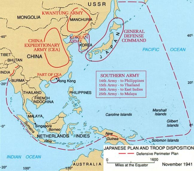 Detailiertes Plakat mit einer Karte des Pazifischen Ozeans und Texten, die die japanische Militärstrategie und Truppenverteilung in der Region erläutern.