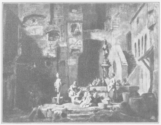 Schwarz-weiß-Illustration von Charakteren aus *Der Sturm* in einem verwahrlosten Zustand, mit einem einstürzenden Gebäude und Graffiti im Hintergrund.