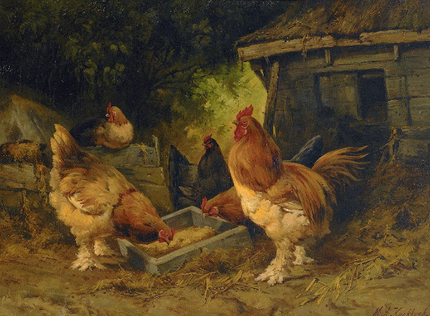 Gemälde von Hühnern in einem Hof mit Hühnern, die aus einem Trog fressen, Bäumen und einer Hütte im Hintergrund und Text am unteren Rand.