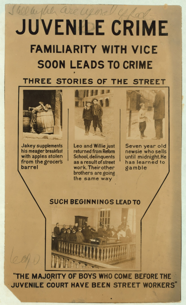 Plakat mit der Aufschrift "Juvenile Crime Family with Vice Soon Leads to Crime" zeigt eine Gruppe von Menschen in einer Reihe mit einem Mann in der Mitte und einer Frau links daneben.