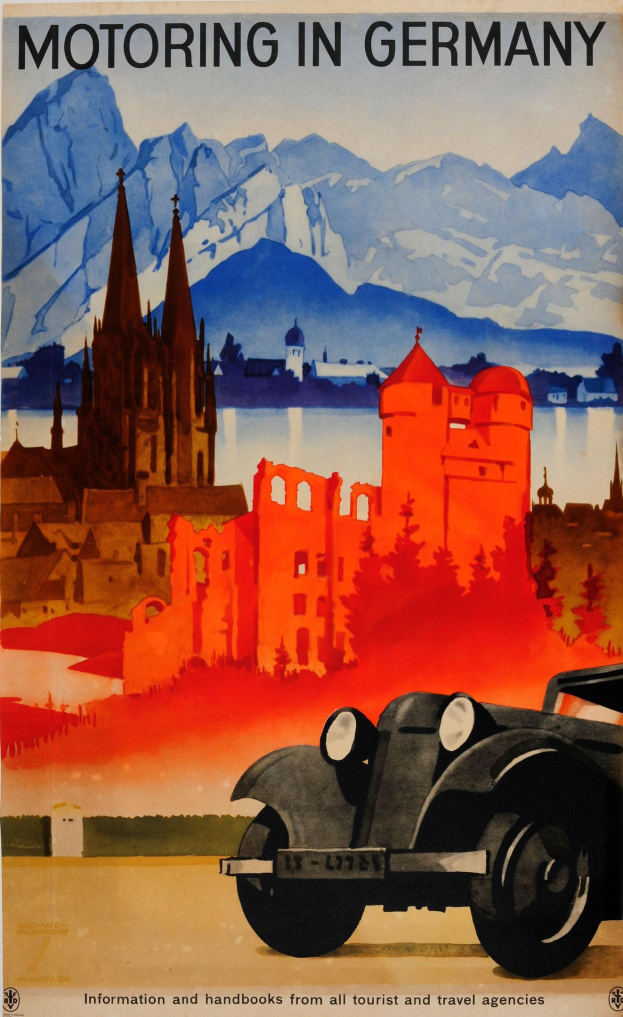 Poster advertisement for a motorbike in Germany, with a car in the foreground, buildings, water, and mountains in the background, and text on the poster.