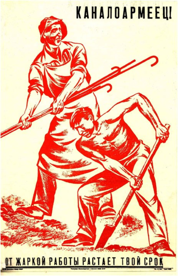 Sowjetisches Propagandaplakat mit dem Titel 'Arbeiter der Sowjetunion', das zwei Männer mit Schaufeln und einer Forke vor einem roten und weißen Hintergrund zeigt.