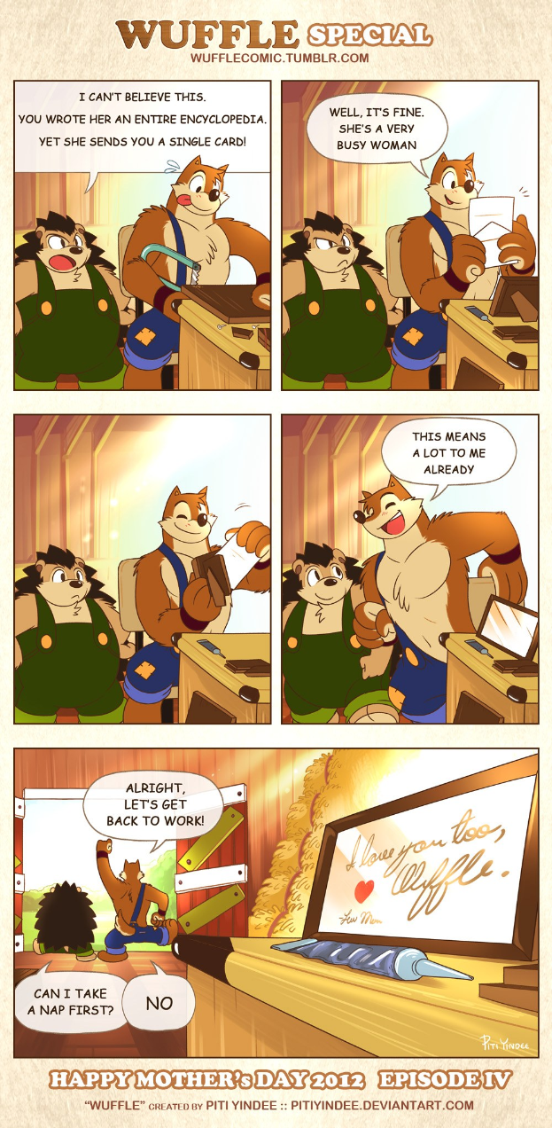 Ein fröhlicher Muttertags-Comic-Streifen-Poster mit einem Mann in einem blauen Hemd und einer lachenden Frau, die sich unterhalten, mit dem Text "Frohen Muttertag" auf einem hellgelben Hintergrund.