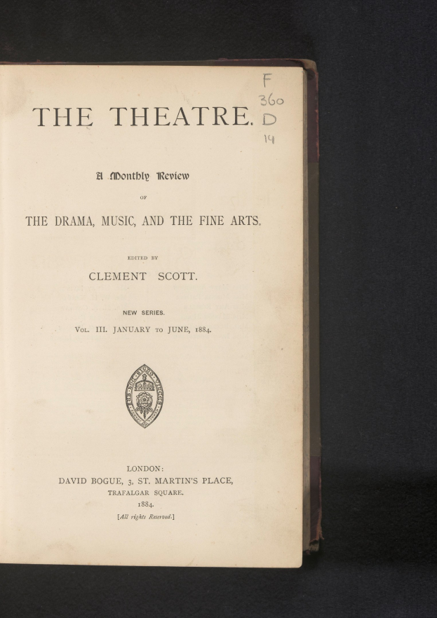 Open book titled "The Theatre: A Monthly Review of the Drama, Music, and the Fine Arts" with visible text and a logo on the page.