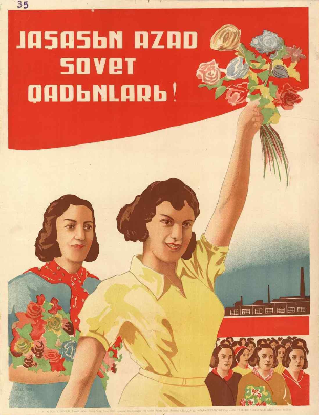 Sowjetische Propagandaplakat für den Frauentag, das eine Frau mit Blumen zeigt, umgeben von Menschen und einem Gebäude, mit der Aufschrift "Frauentag".