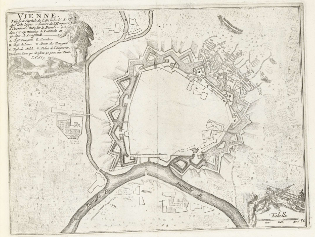 Alte detaillierte Karte von Wien, Österreich, mit einer Person in der Mitte, die Straßen, Gebäude und Sehenswürdigkeiten mit Textbeschriftungen zeigt.