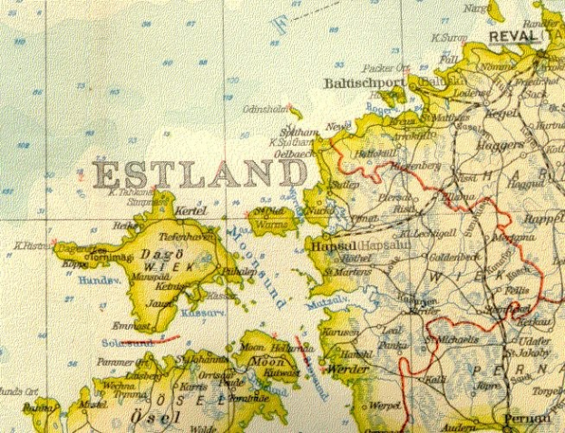 Alte Karte von Estland mit einer roten Linie, die Grenzen, Städte und geografische Merkmale zeigt, begleitet von Text mit Bevölkerungs- und Stadtangaben.