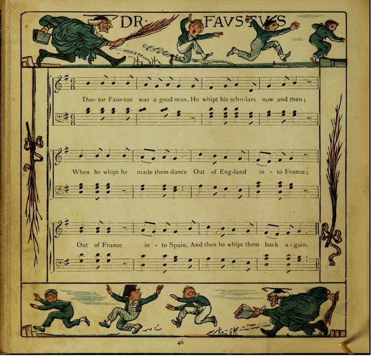 Eine bunte Illustration von tanzenden Menschen auf einer aufgeschlagenen Buchseite, umgeben von verschiedenen Schriften und Texten.