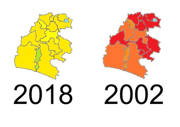 Karte von Deutschland, die die Provinzgrenzen von 2002 und 2018 in Gelb, Rot und Orange auf einem weißen Hintergrund hervorhebt.