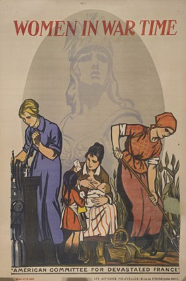 Plakat, das Frauen in Militäruniformen zeigt, eine mit einem Baby, mit entschlossener Miene und dem Text "Frauen im Kriegszeit" in gedämpften Blautönen und Grautönen.