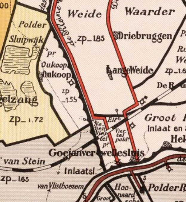 Detailed old map of Weide, Netherlands, showing a train route with streets, buildings, and landmarks, including start/end points, distance, and estimated travel time.