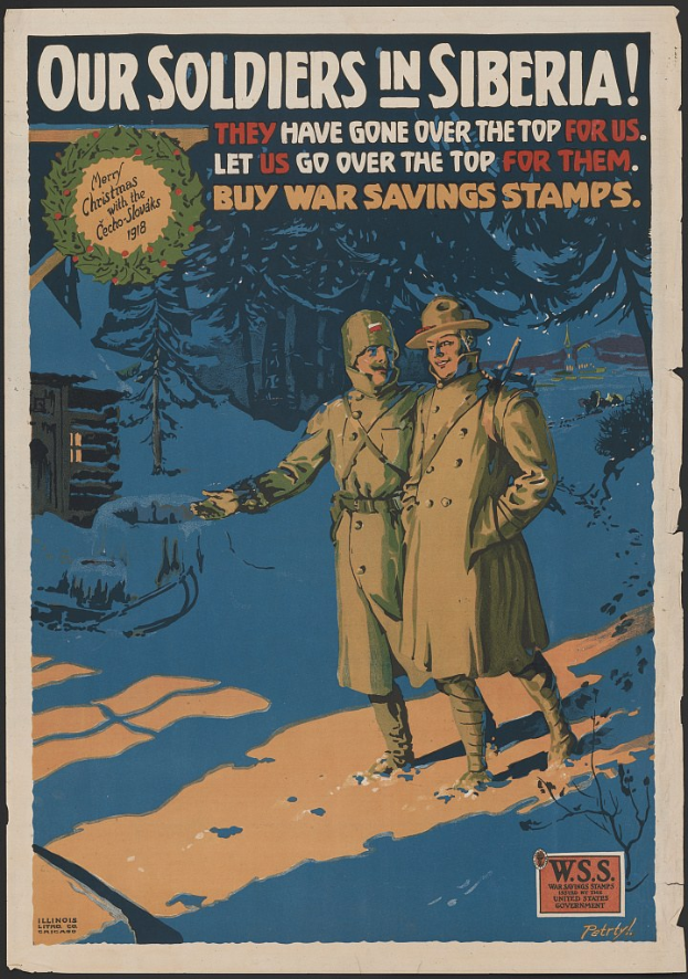 Plakat, das zwei Soldaten im Schnee mit Bäumen und einem Haus im Hintergrund zeigt, Text lautet "Unsere Soldaten in Sibirien - Sie sind für uns über die Spitze gegangen - Kaufen Sie Kriegsanleihen"