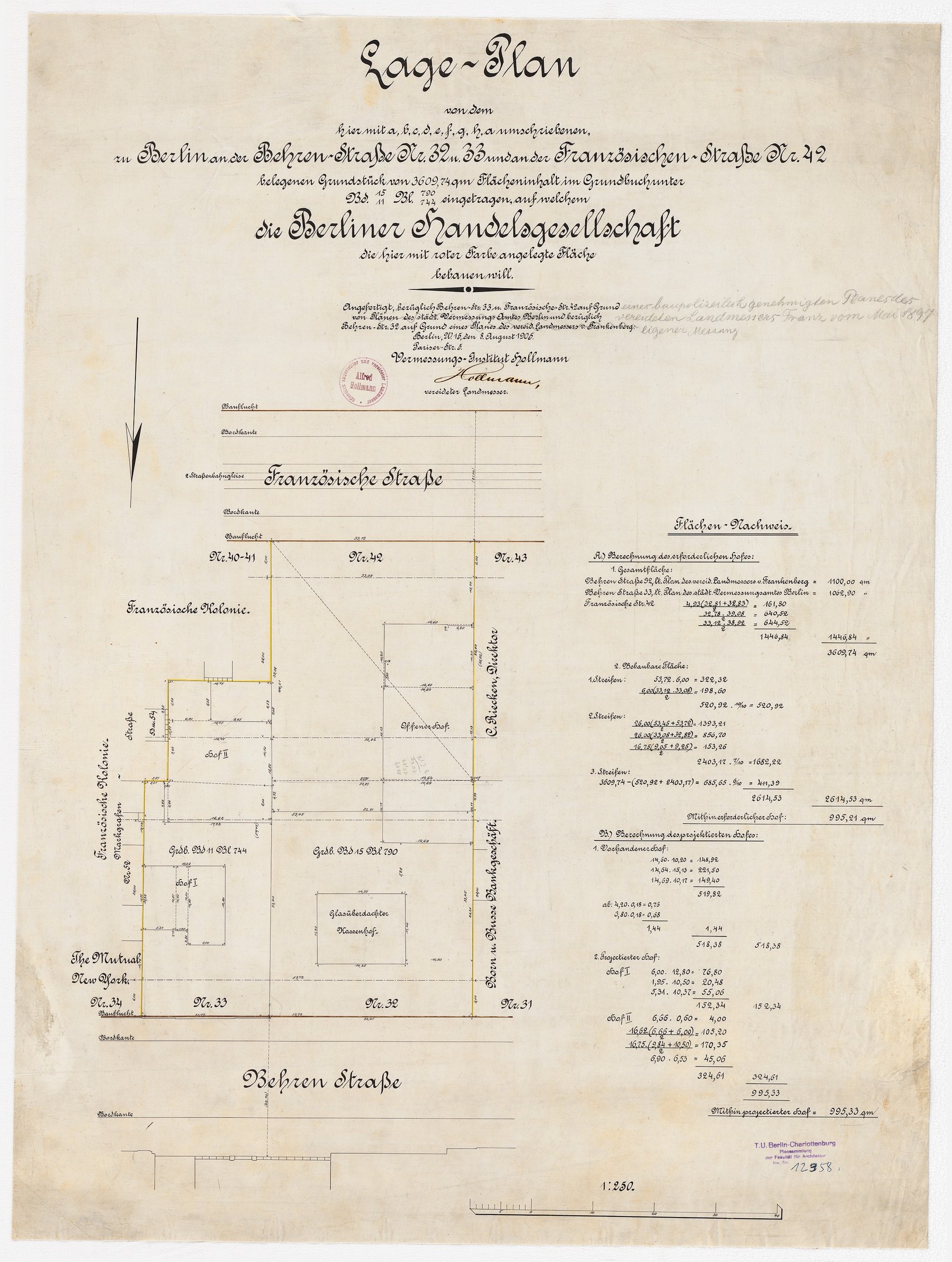 Alter Dokument mit einem detaillierten Grundriss der Berliner Handelagellachaft, mit handschriftlichem Text und einem Stempel auf der linken Seite.