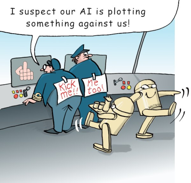 Cartoon of a police officer holding a sign saying "I suspect our AI is plotting something against us" while two robots stand before him, one holding a paper, with a wall-mounted screen and buttons in the background.