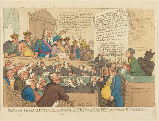 Cartoon-Illustration einer Gerichtsszene mit dem Titel "Boney's Trial, Sentence and Dying Speech Europe's Injuries Revenged", die eine Gruppe von Menschen mit einer zentralen stehenden Figur und einem Tisch mit Gegenständen auf der rechten Seite zeigt.