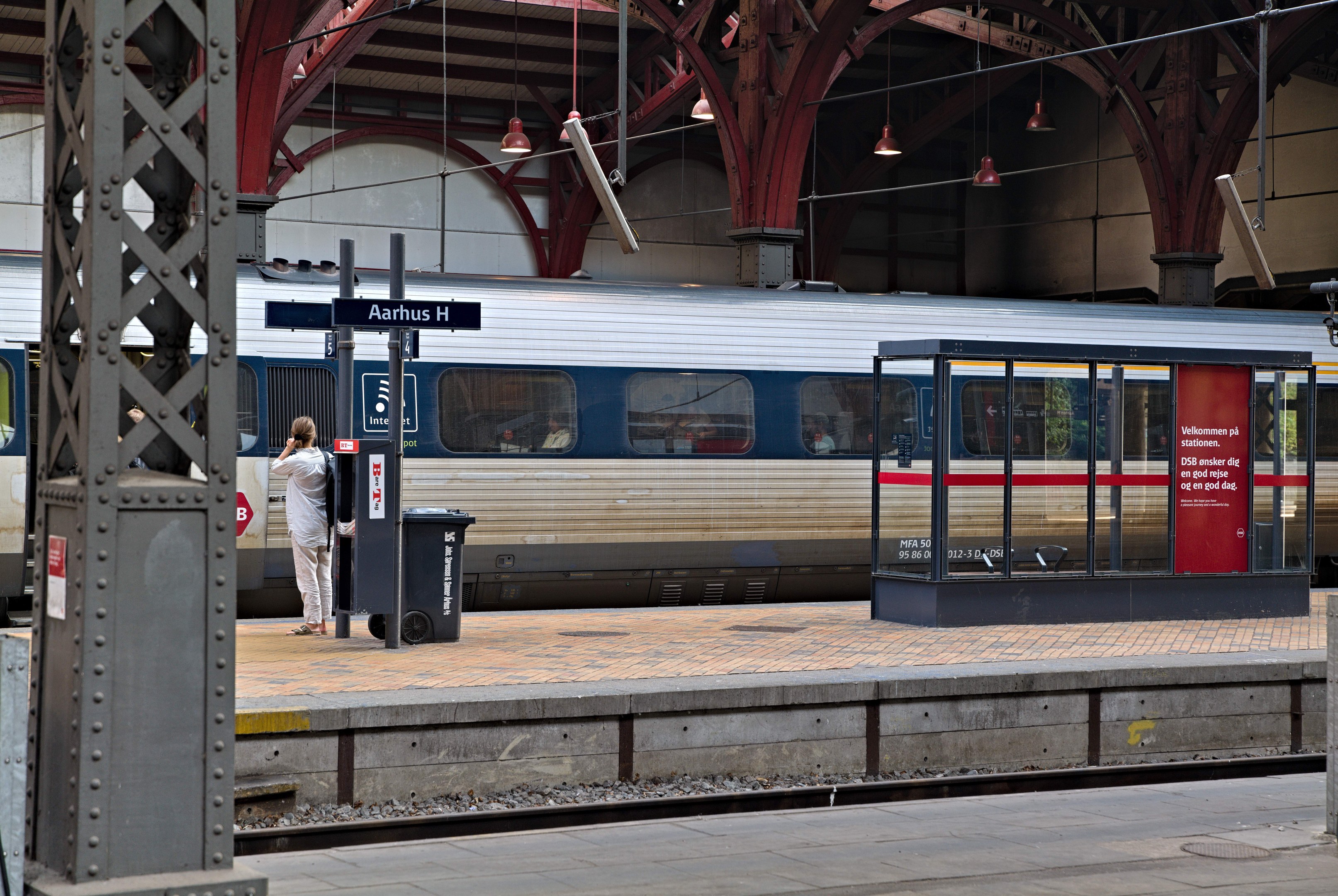 Ein Zug fährt auf einem Bahnsteig ein mit einer Person in der Nähe, einem Müllbehälter, Pfosten, Informationsanzeigen und Deckenleuchten.