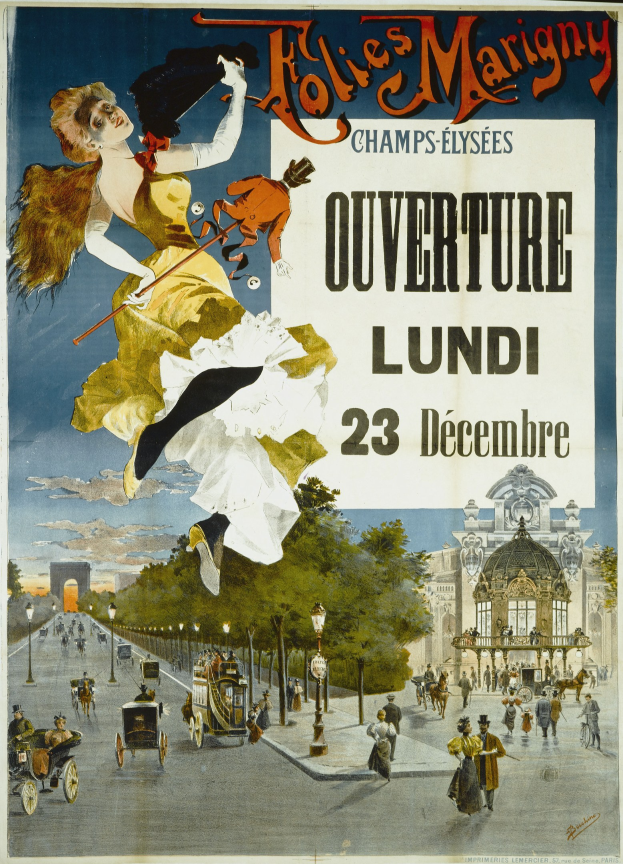 Plakat für ein Event in Paris mit einer Frau in gelbem Kleid, umgeben von Menschen, Fahrzeugen, Stra├čen-Elementen, Geb├Ąuden und Wolken mit ├ťberschrift.