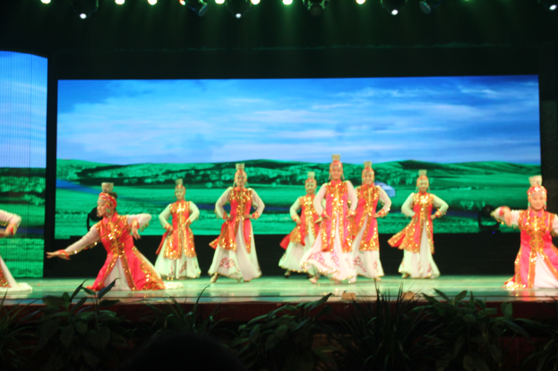 Eine Gruppe von Performern in bunten Kostümen auf einer Bühne mit Scheinwerfern oben und Pflanzen unten, mit einem Bildschirm im Hintergrund.