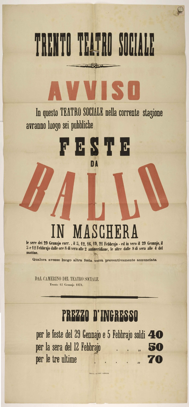Alte Plakatwerbung für ein Festival in Maschera, Italien, mit Text, der das Ereignis beschreibt.