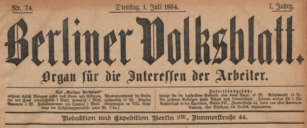Altes deutsches Zeitungsblatt "Berliner Volksblatt" von 1884, vergilbt und mit schwarzer Tinte bedruckt.