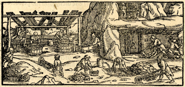 Schwarz-weiß-Zeichnung von Bergleuten in einem Kohlebergwerk mit F├Ąssern, Loren und verstreuten Gegenst├Ąnden, unten mit der ├ťberschrift 'The Gold Mine'.