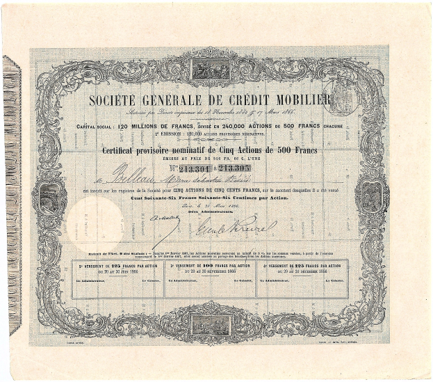 Old stock certificate issued by the Société Generale de Credit Mobilier, featuring printed text on paper.