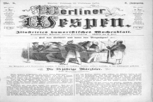 Eine alte Zeitung namens 'Berliner Wespen' vom 21. Februar 1873 mit einer Gruppe von Menschen in traditioneller deutscher Kleidung in einem Gespräch.