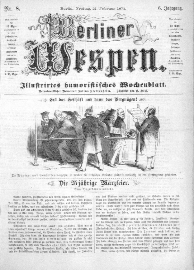 Eine alte Zeitung namens 'Berliner Wespen' vom 21. Februar 1873 mit einer Gruppe von Menschen in traditioneller deutscher Kleidung in einem Gespräch.