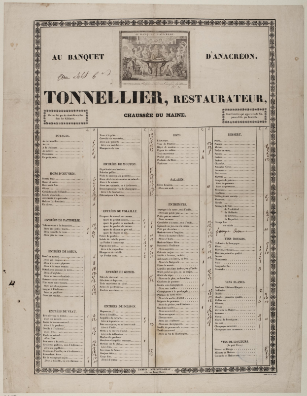 Altes Buch mit einer Restaurant Speisekarte, die Text und eine Illustration der Restaurant-Angebote enthält.