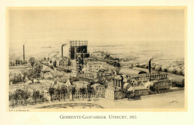 Black and white illustration of Utrecht's municipal gasworks in 1912, featuring buildings, trees, poles, and a sky, with the text "Gemeente-Gasfabriek Utrecht, 1912" at the bottom.