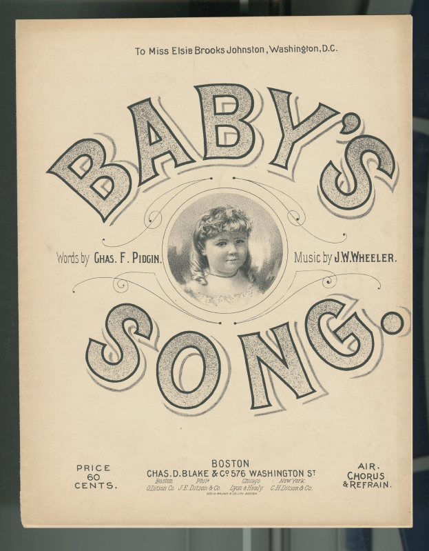 Alte Notenblattabdeckung mit einem Bild eines Babys in einem weißen Strampler mit einem friedlichen Ausdruck, betitelt als ein 'Baby-Lied', einschließlich Text für den Liedtitel und den Namen des Künstlers.