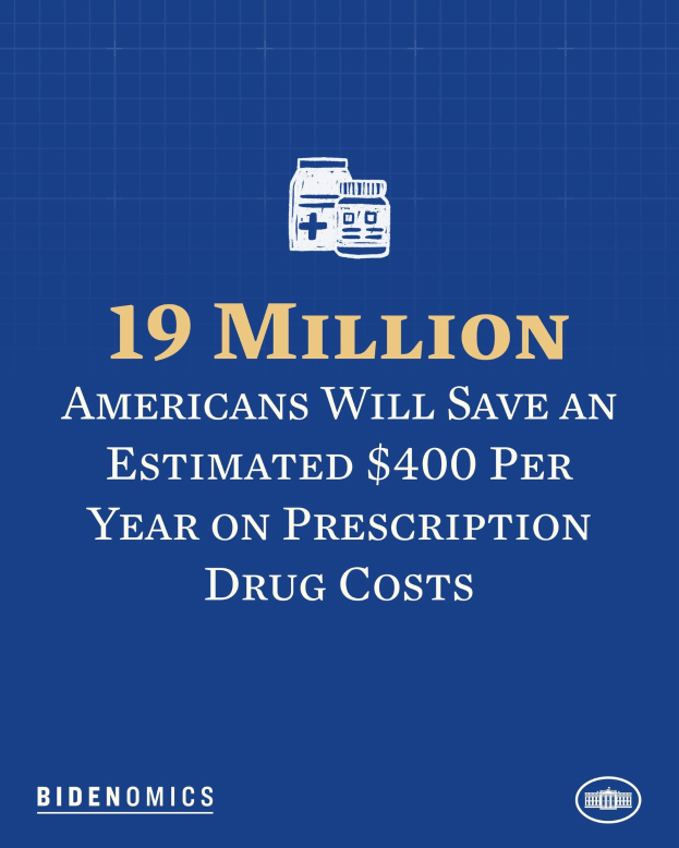 Ein blauer Hintergrund mit weißer Schrift und einem Logo, auf dem steht: "19 Millionen Amerikaner werden geschätzt 400 Dollar pro Jahr an Rezeptkosten sparen."