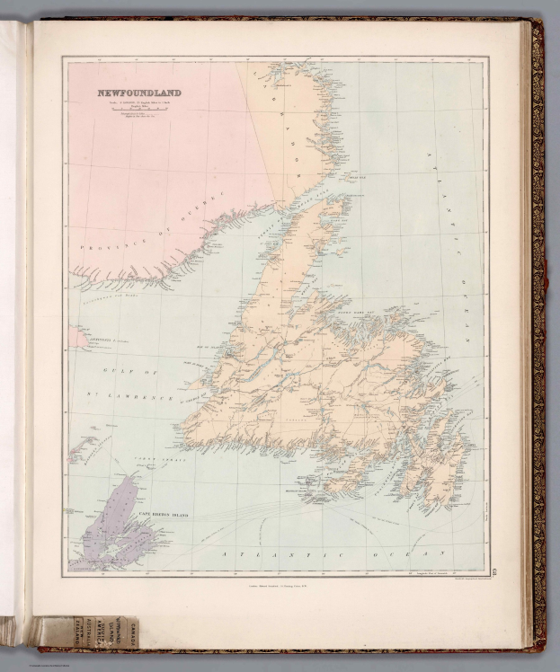 Offenes Buch mit detaillierter Karte von Neufundland und Labrador, einschließlich geografischer Merkmale wie Bergen, Flüssen und Städten, sowie zusätzlicher Textinformation.