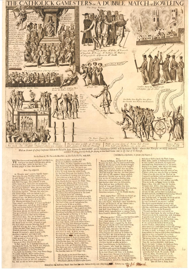 Ausführliche Illustrationen von zwei Spielern in verschiedenen Bowling-Positionen für ein Katholiken-Spieler-Doppelmatch, begleitet von Text, der die Spielregeln erläutert.