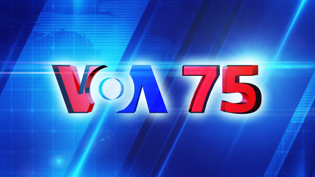 Blauer Hintergrund mit rotem und blauem Text "Von 75", der einen Nachrichtensender anzeigt.