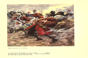 Ein Plakat mit der Aufschrift 'Der Tod von Wolfe', das eine Gruppe betroffener Menschen zeigt, einige schauen ängstlich nach oben und andere traurig nach unten, mit gedämpften Farben, die eine melancholische Stimmung schaffen.