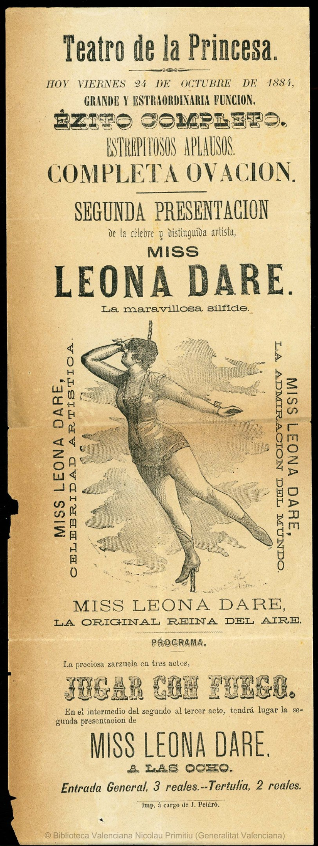 Vintage-Werbetafel für das Teatro de la Princesa mit einer Frau in einem eleganten langen Kleid mit hohem Kragen und Ärmeln, die Arme ausgestreckt, vor einem tiefblauen Nachthimmel mit Sternen.